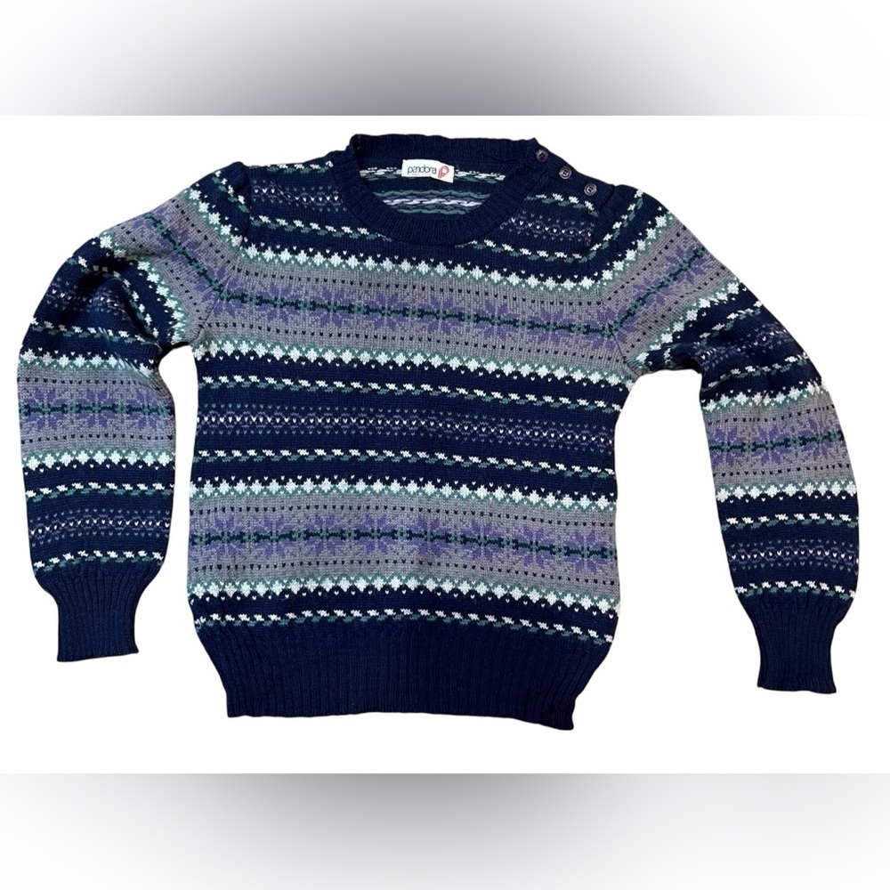 Vintage Pandora Women's S Sweater Geometric Knit Navy,‎ Gray, Purple Made in USA